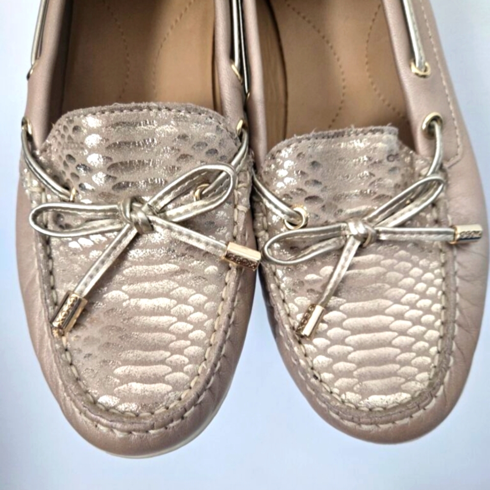Geox Champagne Metallic Bow Moccasins
